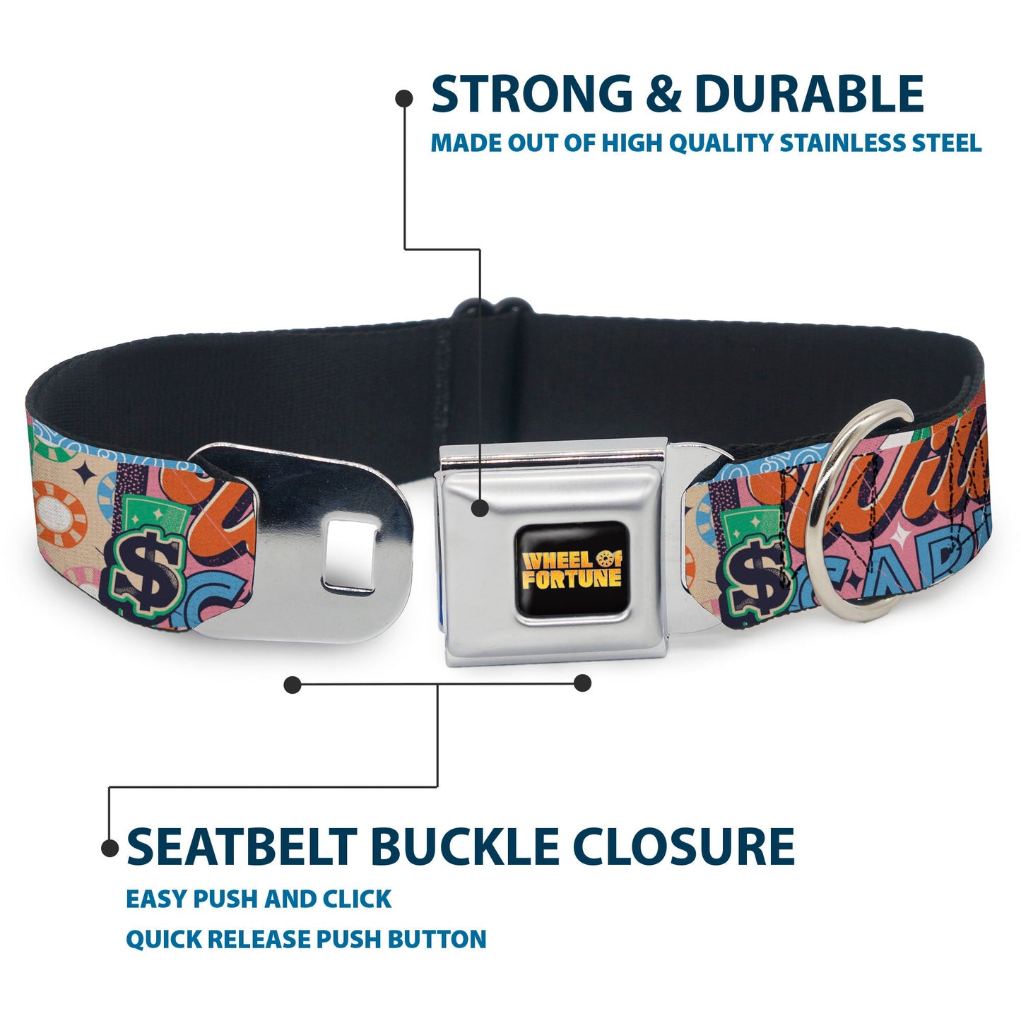WHEEL OF FORTUNE Logo and WILD CARD Collage Multi Color Dog Collar