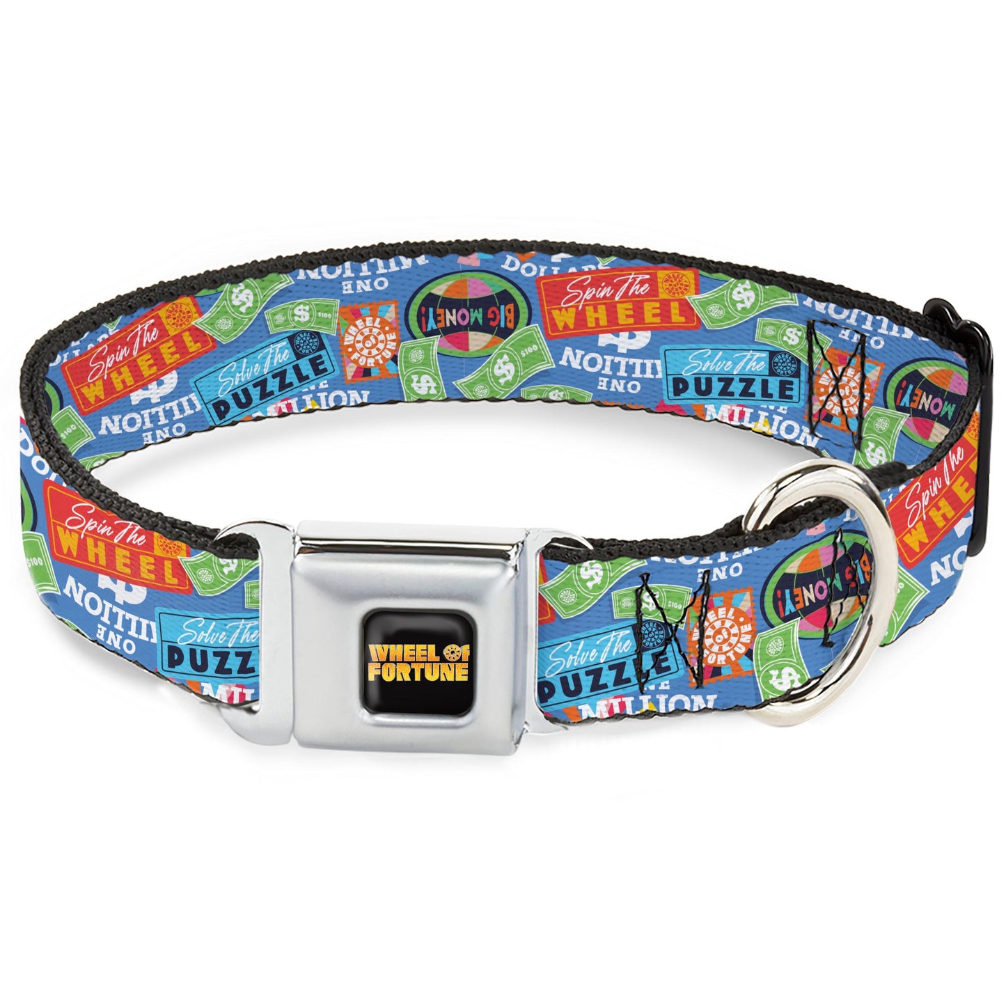 Wheel of Fortune Quotes and Prizes Collage Blue/Multi Color Dog Collar
