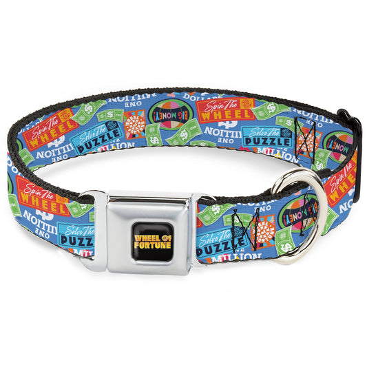 Wheel of Fortune Quotes and Prizes Collage Blue/Multi Color Dog Collar
